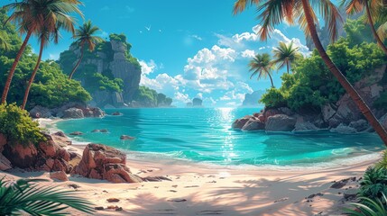 A serene tropical beach with crystal clear water, white sand, palm trees and lush vegetation.  The sun shines brightly over the blue sky with white clouds.