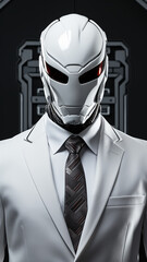 vertical, mail robot cyborg on a white background, man portrait head, fictional abstract character