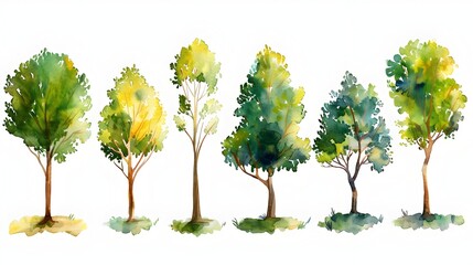 Whimsical Watercolor Depiction of Stylized Tree Icons on Isolated White Background