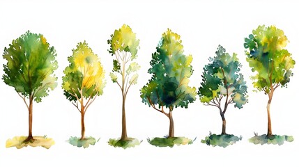 Fototapeta premium Whimsical Watercolor Depiction of Stylized Tree Icons on Isolated White Background