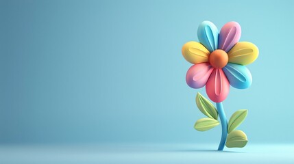 3D Colorful, whimsical flower against a blue background, featuring multi-colored petals and green leaves. Perfect for spring and nature themes.