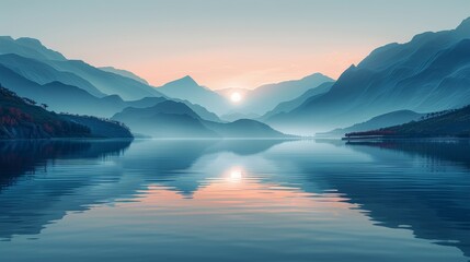 Serene sunrise over a tranquil mountain lake, reflecting the golden light.