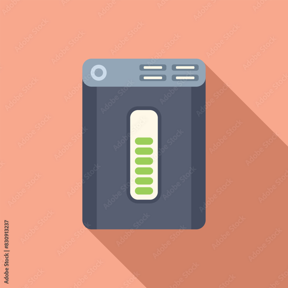 Poster flat design vector icon of a portable power bank with battery level indicator on a peach background