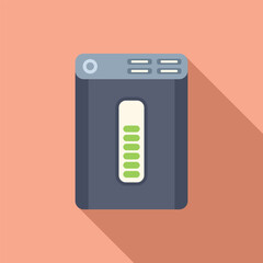Flat design vector icon of a portable power bank with battery level indicator on a peach background
