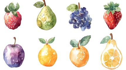 Vibrant Watercolor Fruit Icons on Clean White Background
