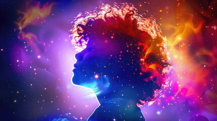 Silhouette of a woman with curly hair against colorful stars
