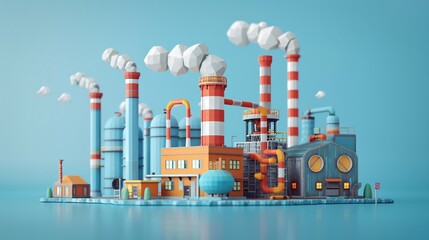 Obraz premium 3D illustration of a colorful factory with chimneys releasing smoke against a blue background, industrial concept.