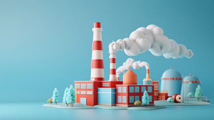 3D illustration of a colorful factory with smokestacks and clouds against a blue background, highlighting industrial architecture and production.