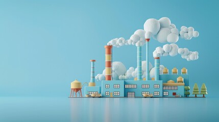 Obraz premium 3D illustration of a colorful factory with smokestacks, emitting white clouds of smoke, set against a vibrant blue background.