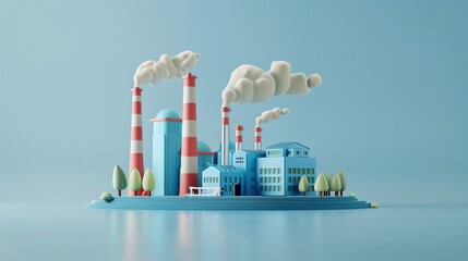 3D Illustration of a factory with smoke stacks emitting smoke, surrounded by green trees, highlighting industrial and environmental themes.