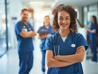 A smiling healthcare professional stands confidently with arms crossed, while colleagues in blue scrubs are seen in the background of a hospital corridor.