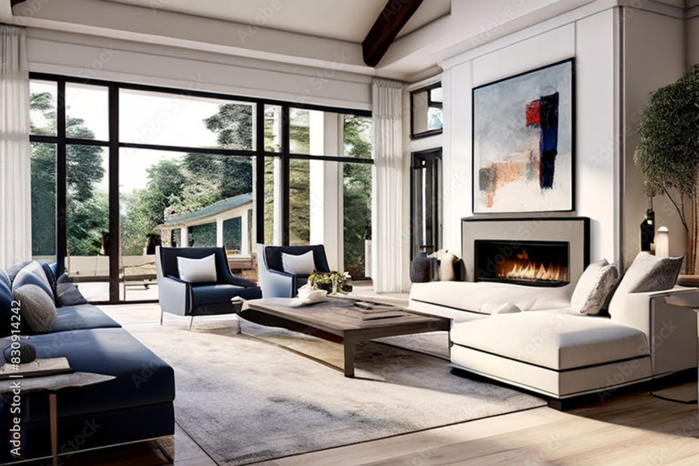 Poster modern living room with fireplace