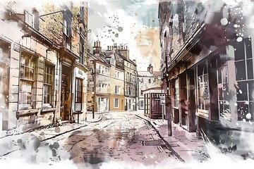 hand drawn illustration of an old street in London