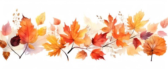 Watercolor drawing of falling red leaves in autumn season