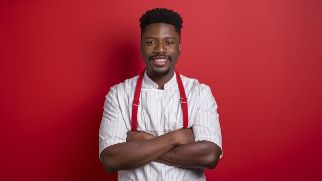 portrait of black male butcher on red background