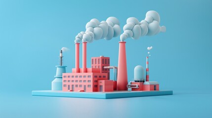 Obraz premium 3D illustration of a stylized factory with chimneys emitting smoke, highlighting industrial production and pollution in a surreal pastel setting.