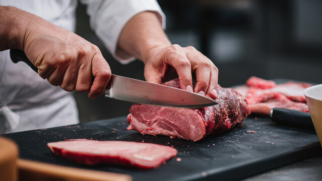 close-up photography of butcher cutting meat with a knife