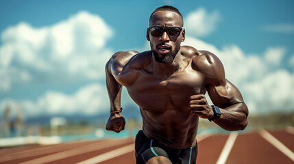Male black athlete runner on a running track, outdoors on a stadium. Attractive and fit professional sportsman focused on a training. Concept: Championship and Olympic Games.