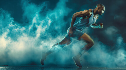 Male black athlete runner on a running track, dynamic commercial photo. Attractive and fit...