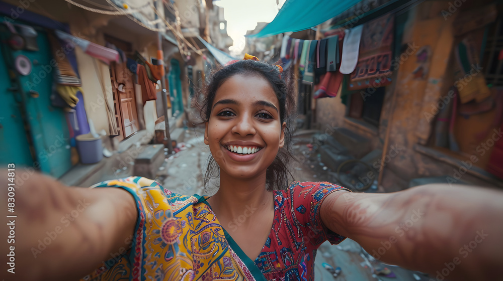 Wall mural POV of a young indian woman taking a selfie,