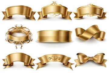 Golden Ribbon Set Decorative Bows Banners and Labels on White Background Graphic