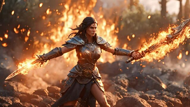 A fierce female warrior, dressed in armor, wields a flaming sword on a fiery battlefield