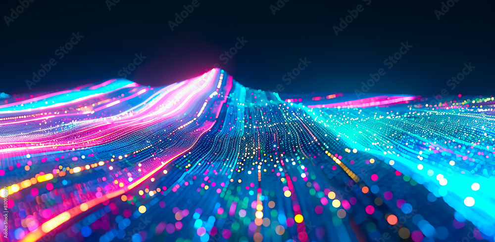 Wall mural selective focus of flowing glowing particles light beams.field of algorithm binary computer code.abstract background of vibrant light luminous line with big data information or cloud technology.