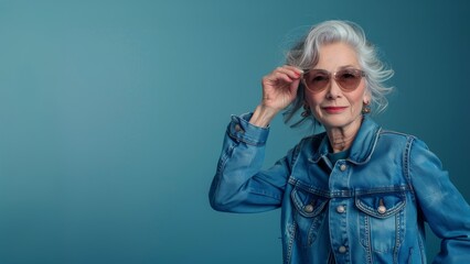 Confident Elderly Woman in Denim Jacket and Sunglasses Posing Against Blue Background