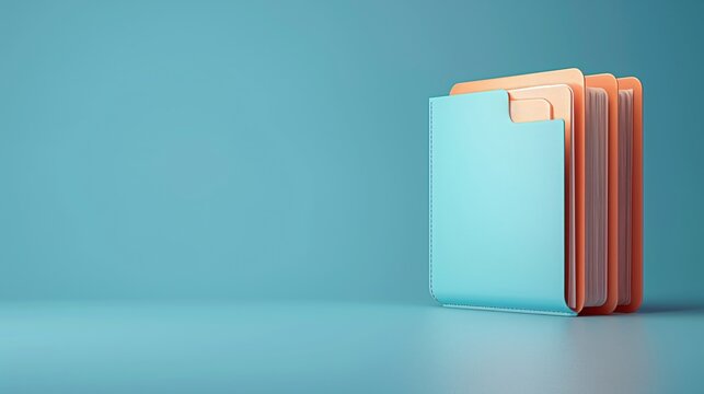 3D Minimalist image of colorful office folders against a blue background, symbolizing organization and office supplies.