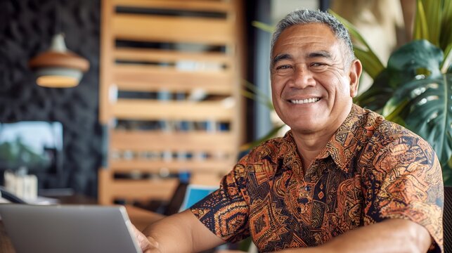 Pacific Islander Middle-Aged Man Working on Laptop, Smiling at Office Desk, Professional Diverse Workplace Scene