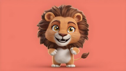 A 3D cute illustration of a lion character with a big smile.