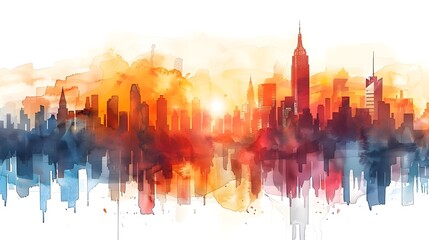 Fototapeta premium Vibrant Watercolor Cityscape with Skyscrapers Against Vivid Sunrise or Sunset Sky