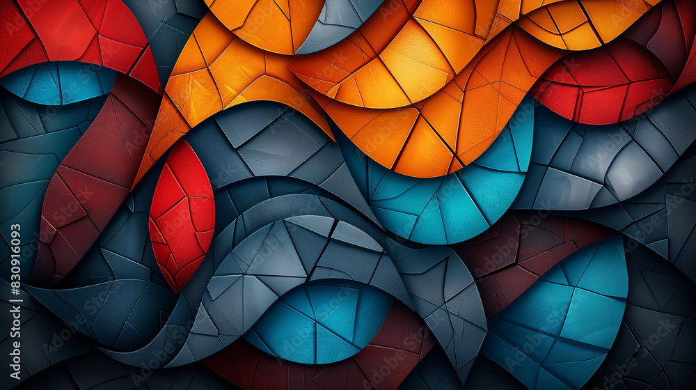 Poster a colorful abstract painting with a blue and red swirl. the painting is made up of many different sh