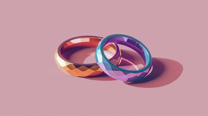 Two vibrant geometric rings, one in warm tones and the other in cool shades, placed on a pastel pink background, symbolizing unity and connection.