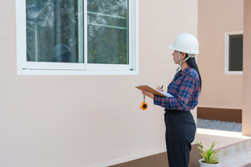 Asian female home inspector in white safety helmet holding clipboard, standing outside house. Scene...