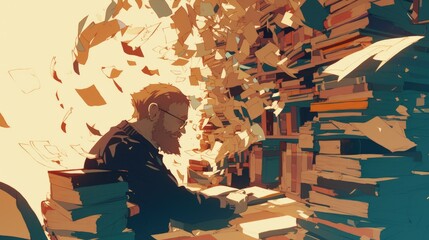 In geography class there is a male teacher surrounded by a stack of books