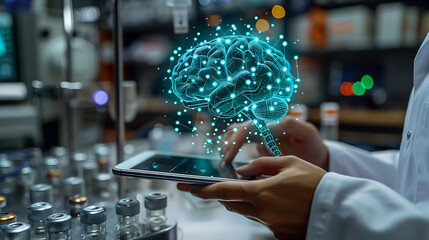 scientist is holding an tablet with holographic glowing brain floating above, scientific equipment artificial intelligence technology
