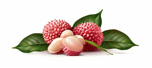 Fresh lychee with leaves isolated on white background in high quality design elements. 
