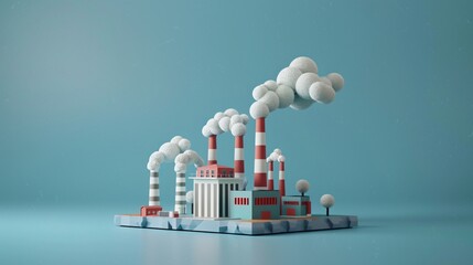 Obraz premium 3D Stylized miniature factory model with smoke stacks and white clouds on a blue background, representing industrialization and pollution.
