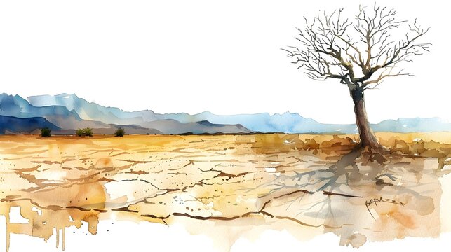 Withered Landscape Watercolor Painting of Isolated Arid Terrain with Solitary Tree
