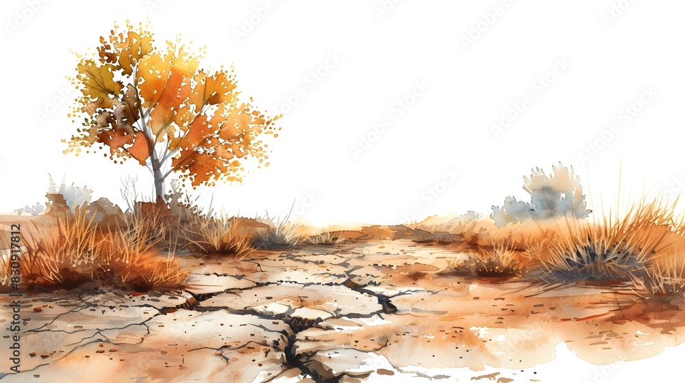 Poster dry and desolate autumn landscape with solitary tree in weathered desert scenery description this st