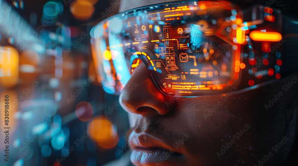 Aufkleber man wearing futuristic glasses with digital data and circuitry reflecting in the lenses, creating an