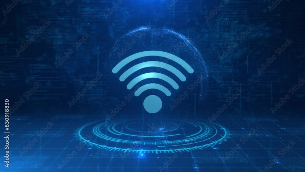 Poster rotating futuristic 3d wifi icon over digital globe and world map