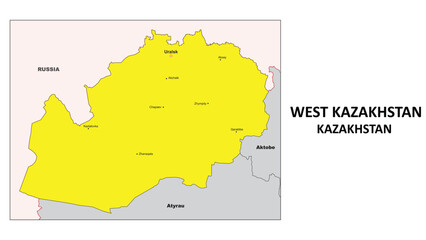 West Kazakhstan Map. District map of Kazakhstan in color with Capital. District boundaties of West Kazakhstan