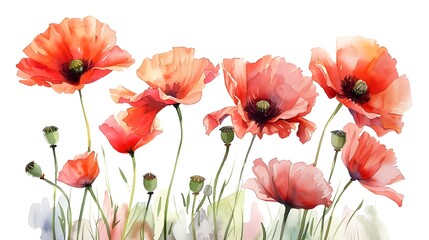 Fototapeta premium Bold Red Summer Poppies Watercolor Painting on Isolated White Background