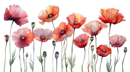 Bold Summer Poppies Watercolor Painting on White Background