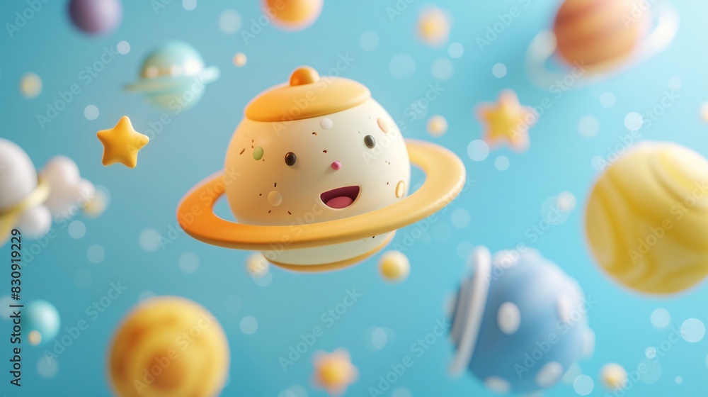 Poster cute 3d animation of smiling planets and stars in a playful outer space background, ideal for childr