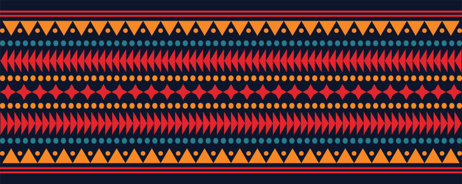 Abstract bright colorful pattern banner design template with tribal aztec style ornament. Ethnic background collection. Ethnic border style seamless pattern. Tribal mexico or african print design art.
