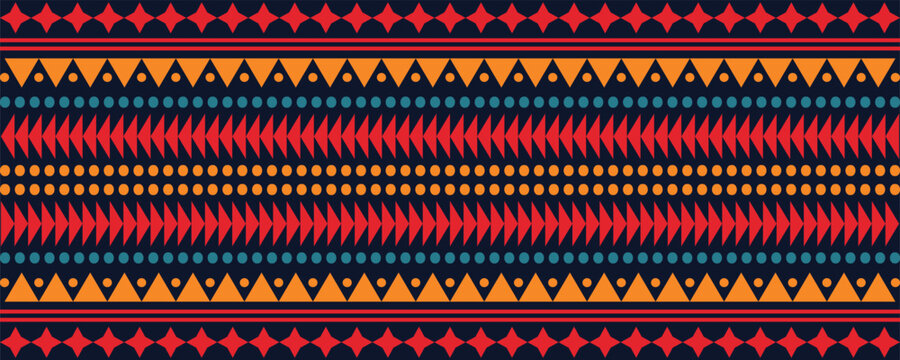 Abstract bright colorful pattern banner design template with tribal Aztec style ornament. Ethnic background collection. Ethnic border style seamless pattern. Tribal Mexico or African print design art.