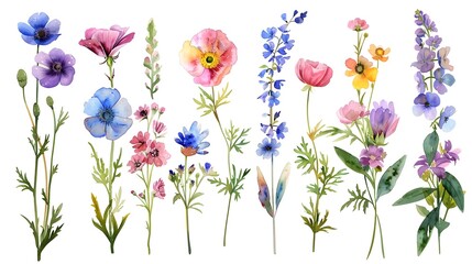 Colorful Assortment of Delicate Wildflowers and Botanical Blooms in Watercolor Style for Floral Design Nature Inspired Backgrounds and Botanical